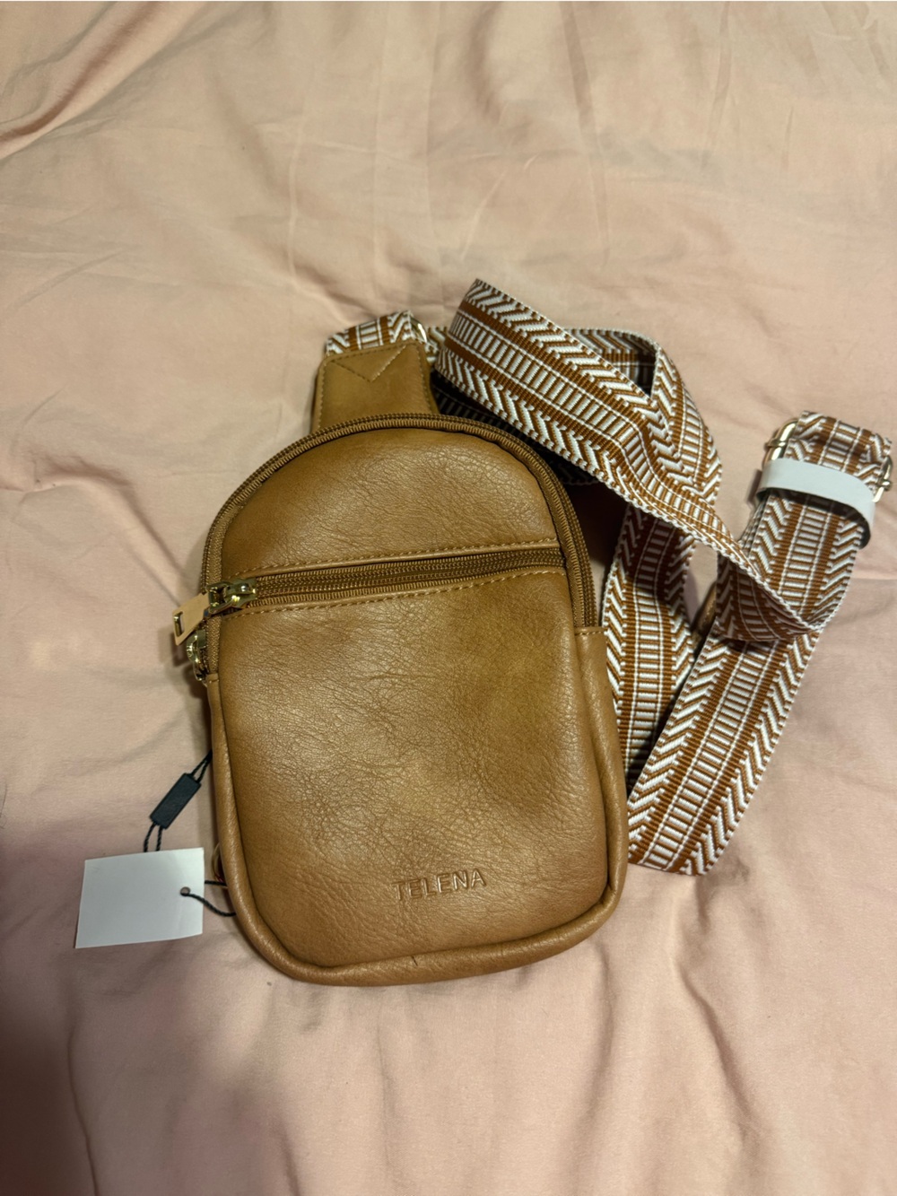 Telena Tan Leather Sling Belt Bag with Patterned Strap